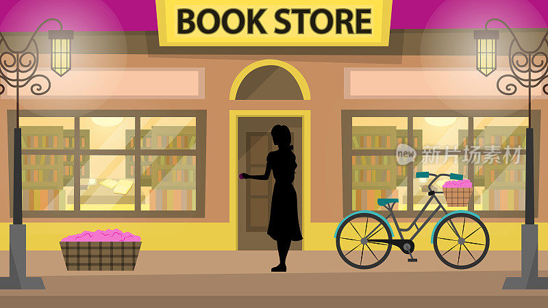 书店、学习和教育的概念。年轻女子骑着自行车在商店或图书馆入口处剪影。书店内部的书架上有很多书。卡通平面矢量插图