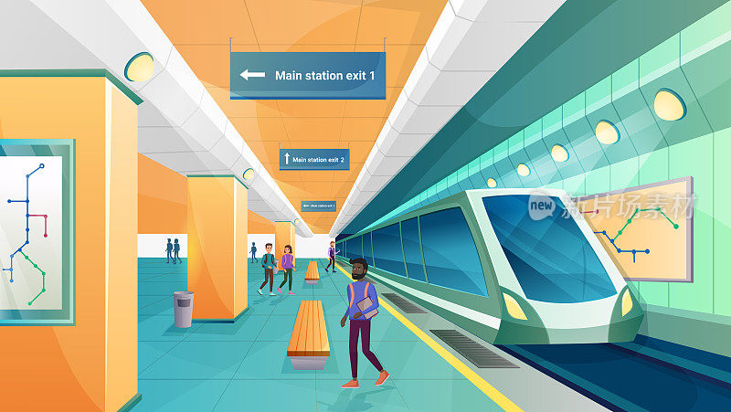 地铁人在地铁车站矢量插图，卡通乘客人物行走在现代地下交通站台的背景