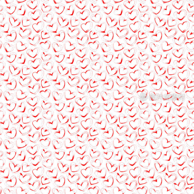 手绘红心形状孤立在白纸背景上密集安排在白纸上-插图涂鸦凹凸不平的不完美轮廓心形状内阴影的钢笔对象矢量-无缝设计模式