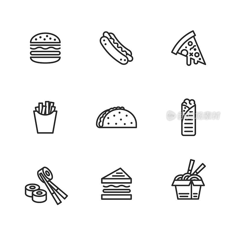 食物图标集。食物线图标孤立在白色背景上。塔可，汉堡，披萨，烤肉串，热狗图标的餐厅或食品业务。矢量图