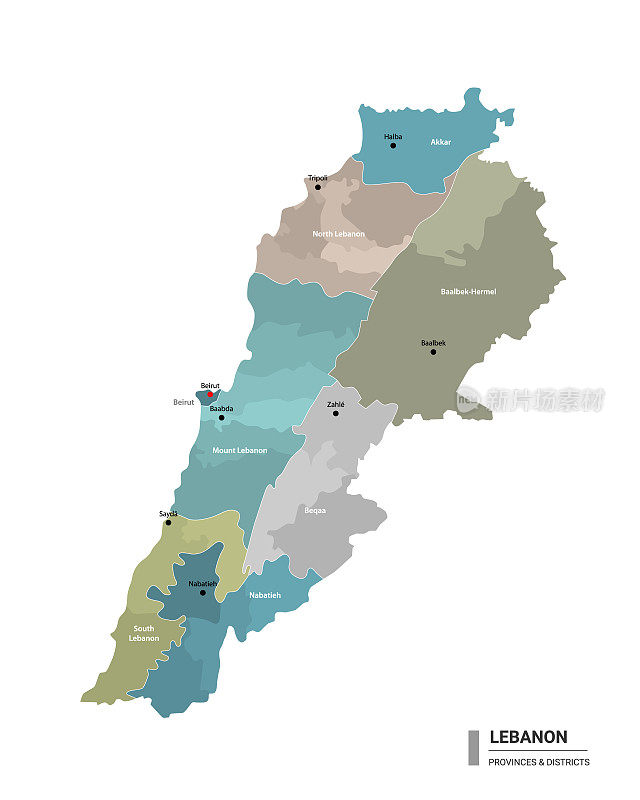 黎巴嫩高细地图与细分。黎巴嫩行政地图与地区和城市名称，颜色由州和行政区域。矢量插图。