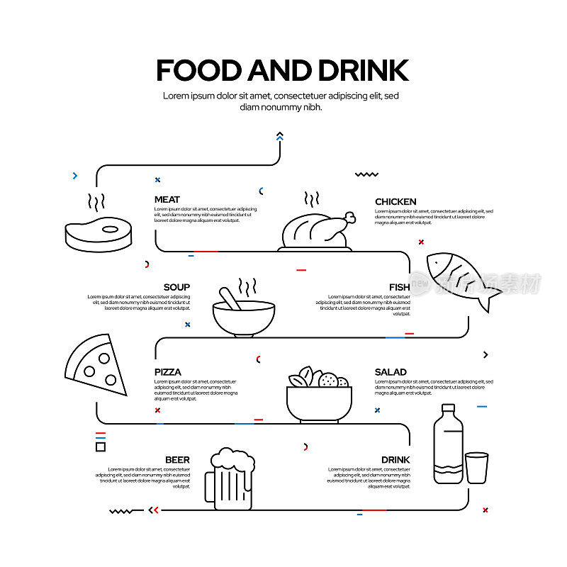 食品和饮料相关过程信息图设计，线性风格矢量插图