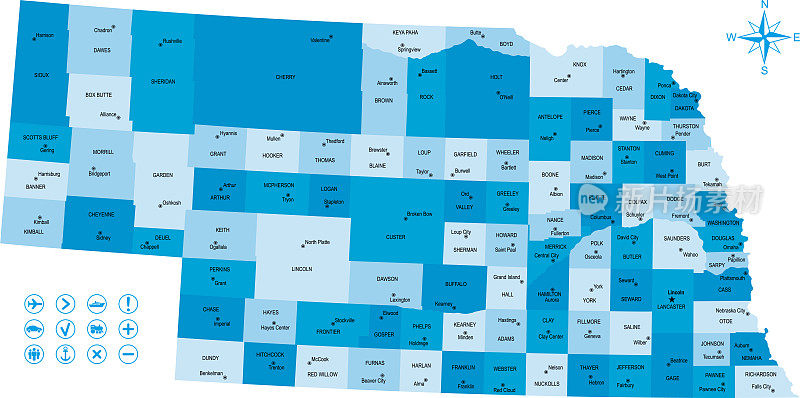 内布拉斯加州地图与图标和键