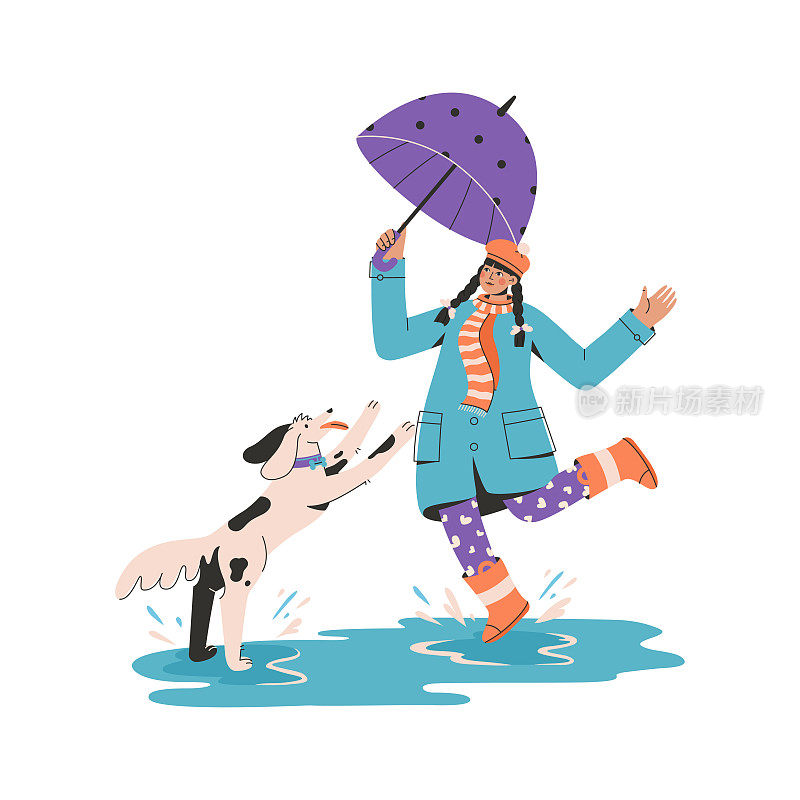 小女孩拿着伞和小狗玩耍，在水坑里戏水