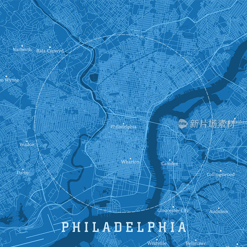 费城PA城市矢量道路地图蓝色文本