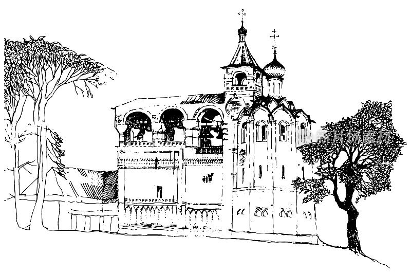 矢量黑色和白色的墨水和钢笔描摹手绘景观与修道院钟楼在传统古代建筑俄罗斯风格与洋葱形状的圆顶在苏兹达尔镇，俄罗斯