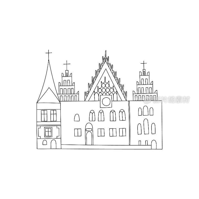 矢量线手绘插图与老市政厅。波兰弗罗茨瓦夫。古老的小镇。市场广场。这座城市的哥特式地标