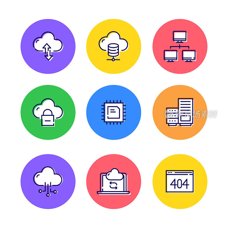 云计算相关线条图标集。大纲符号集合