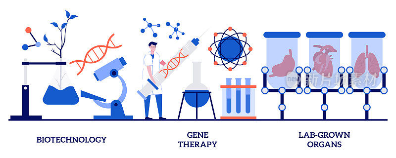 生物技术，基因治疗，实验室培育器官的概念。生物工程行业抽象矢量插图集。干细胞，实验室研究，基因癌症治疗的隐喻。