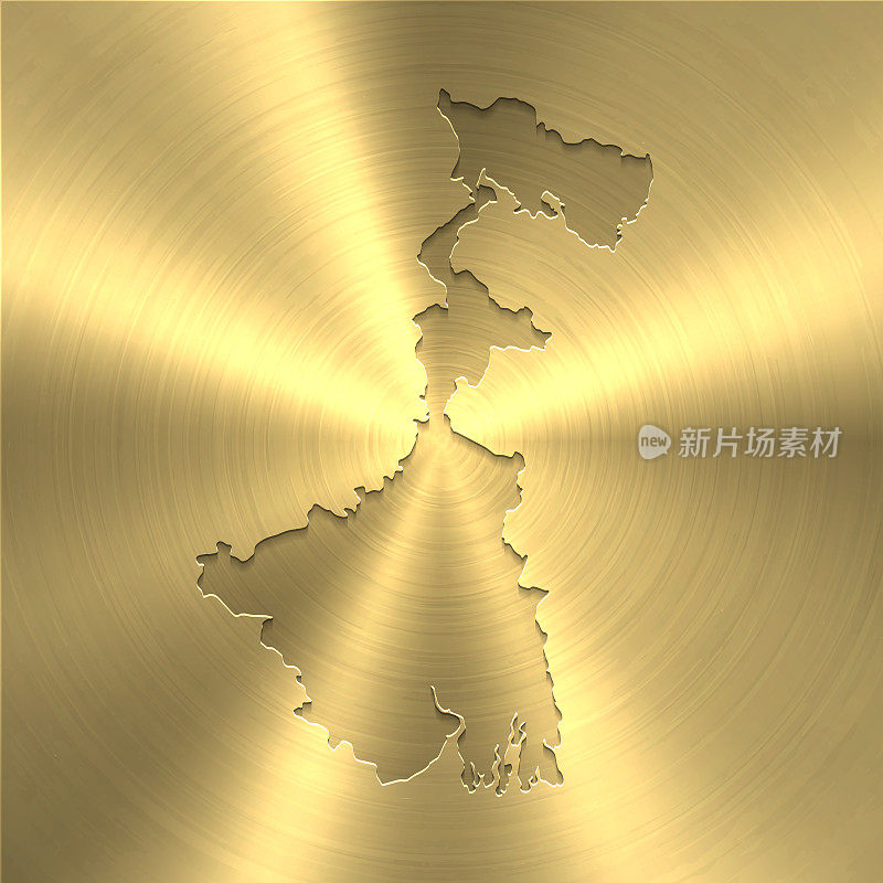 西孟加拉邦地图上的黄金背景-圆形拉丝金属纹理