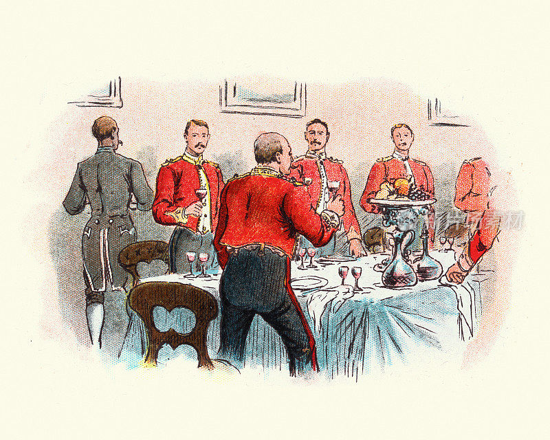 19世纪维多利亚时期的英国军队，军官们在梅斯向女王敬酒