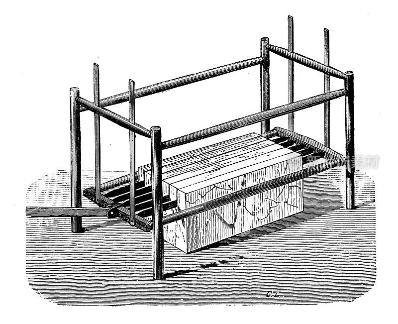19世纪工业、技术和工艺的古董插图:大理石锯床
