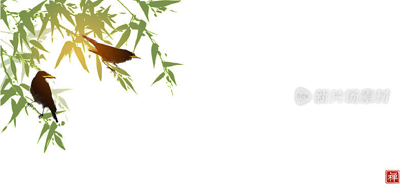 鸟儿坐在白色背景的翠竹上。传统东方水墨画梅花、梅花、梅花。翻译象形文字-幸福。