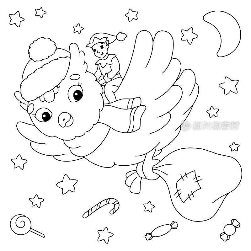 小精灵送圣诞礼物。儿童涂色书页。卡通风格的角色。矢量插图孤立的白色背景。