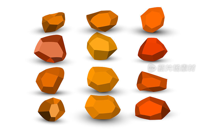 卡通橙色，棕色的石头。岩石等距设置。五颜六色的巨石，自然的建筑块形状，墙石。三维平面孤立插图。向量集合。