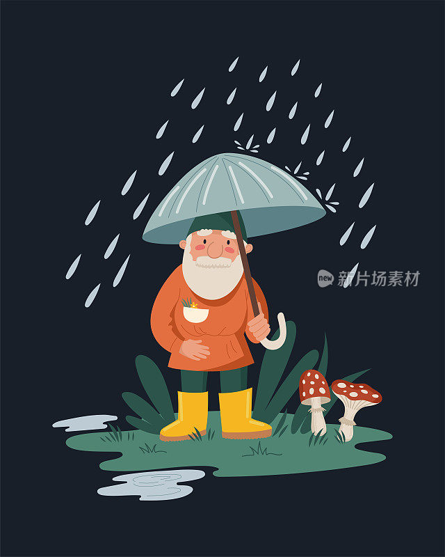 小矮人或小矮人在雨中打着伞。可爱的儿童插图