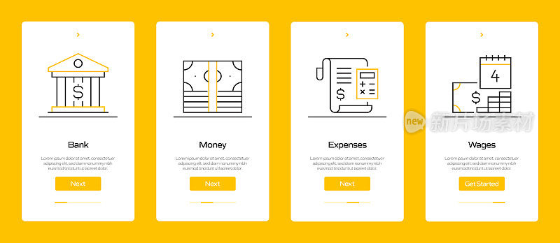 金钱概念入职手机应用程序页面屏幕与平面图标。UI设计模板矢量插图