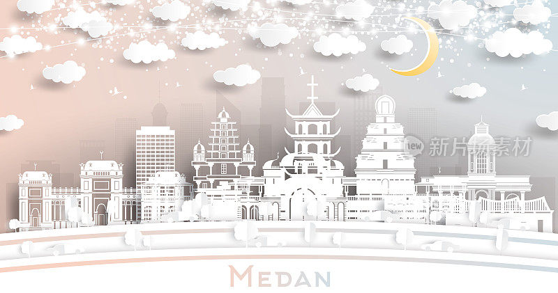 棉兰印尼城市天际线剪纸风格与白色建筑，月亮和霓虹灯花环。