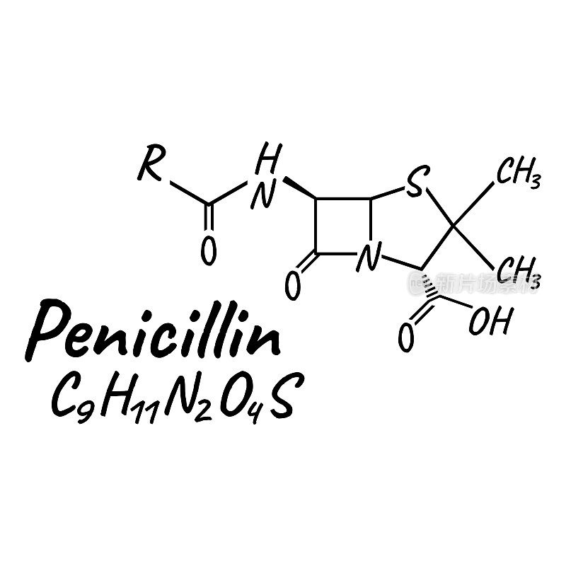 盘尼西林抗生素化学配方和组成，概念结构药物，白色背景孤立，矢量插图。