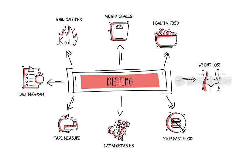 饮食与健康生活方式相关的对象和要素。手绘矢量涂鸦插图集合。手绘图标设置。