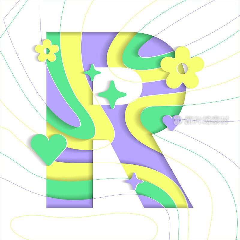 R字母摘要纸生动的花心闪耀闪耀黄绿色紫罗兰丁香紫山地理等高线地图3D层线剪卡网横幅