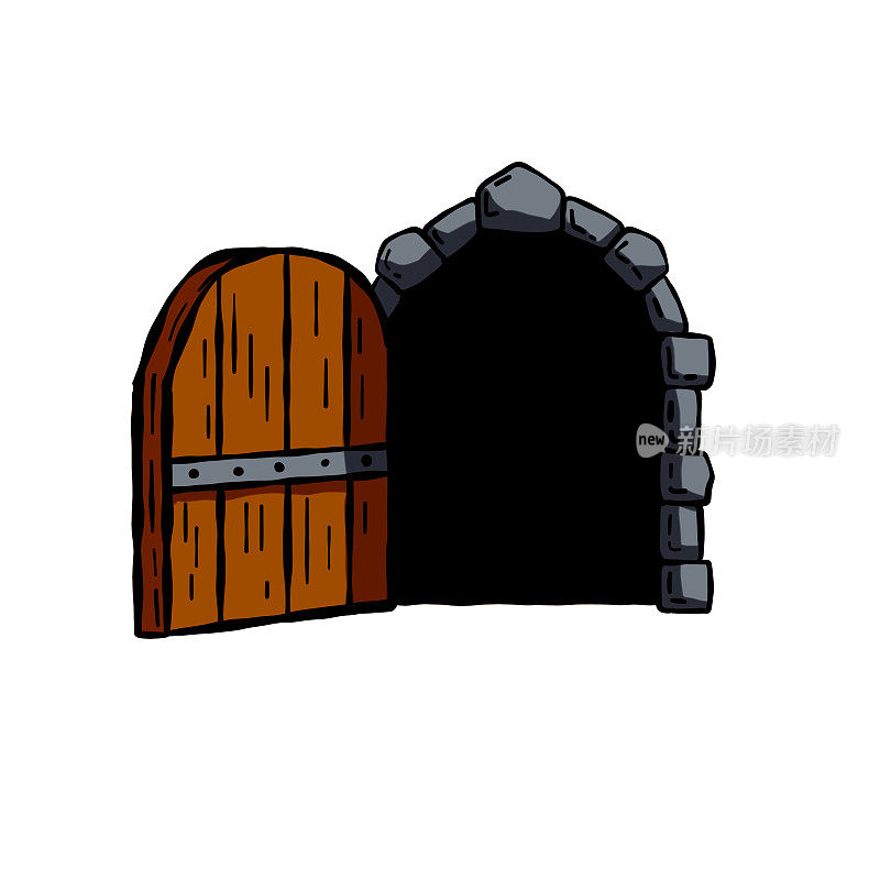 古老的木门城堡。城堡或房屋的古代入口。卡通的风景。地牢的门。有拱门和门道的门。手绘轮廓图