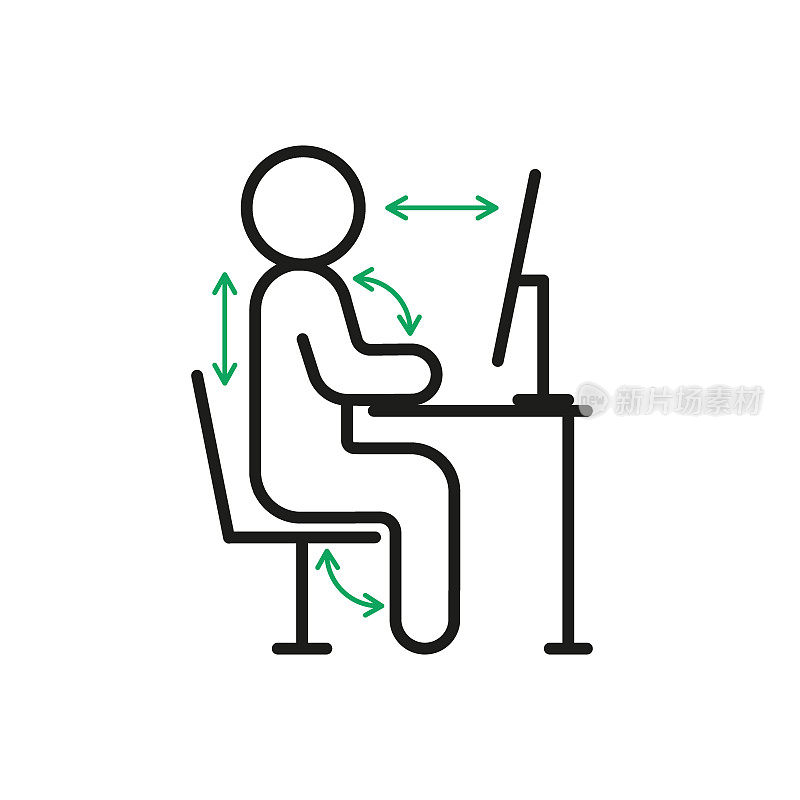 正确的电脑坐姿，正确的人体工学工作站。工作人员坐在办公桌前，保持正确的身体姿势，以保持背部健康。卫生工作岗位规则。矢量符号线图解