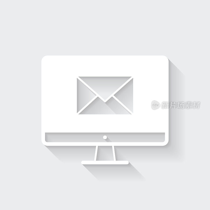 桌面电脑与电子邮件消息。图标与空白背景上的长阴影-平面设计