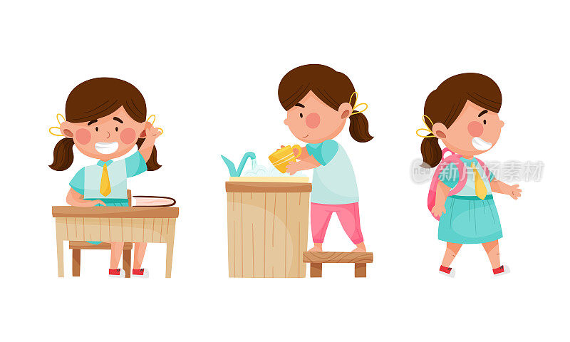 可爱的女孩日常日常活动设置。孩子在学校学习，洗碗卡通矢量插图