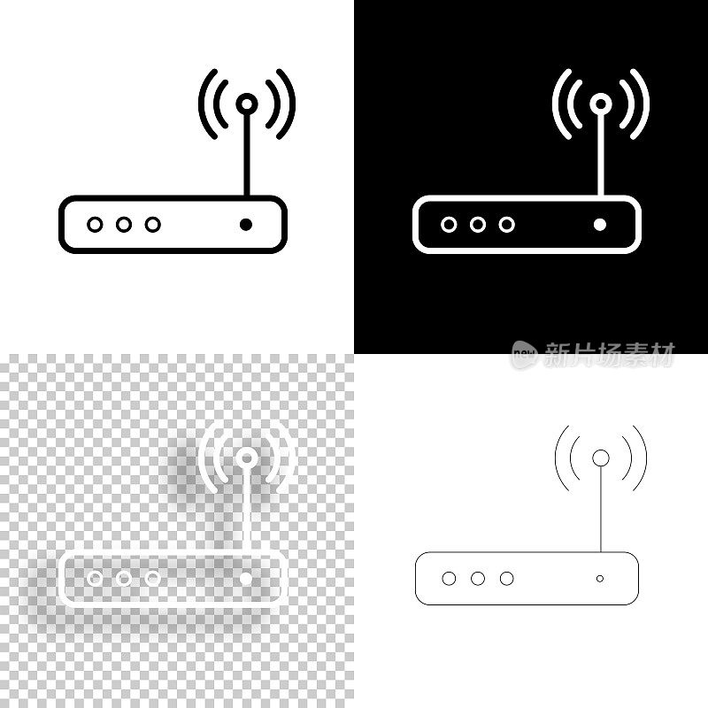 无线路由器。图标设计。空白，白色和黑色背景-线图标