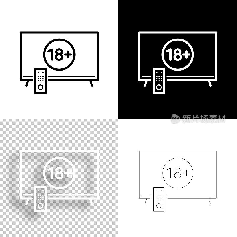 电视有18+号(18+)。图标设计。空白，白色和黑色背景-线图标
