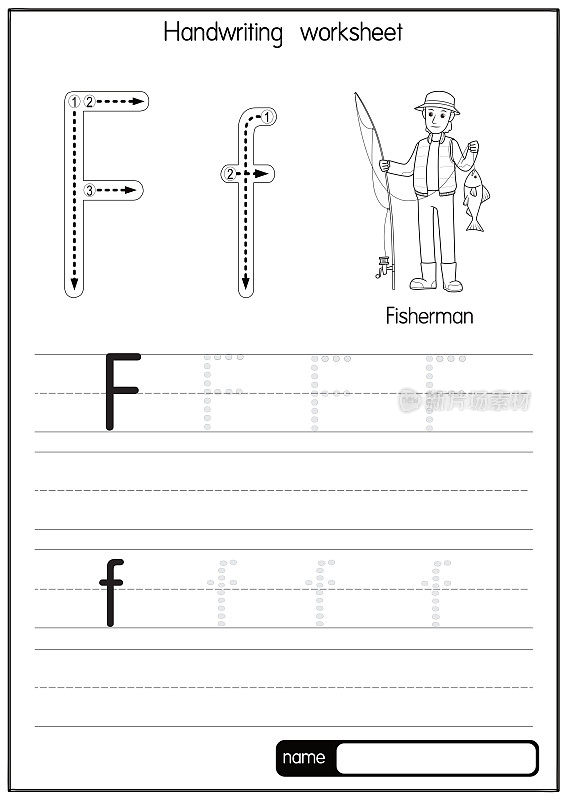 黑白矢量插图的渔民与字母F大写字母或大写字母为儿童学习实践ABC