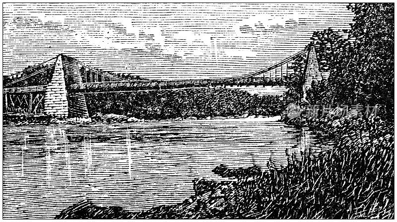 古董插图美国，马萨诸塞州的地标和公司:纽伯里波特，链桥和梅里马克河