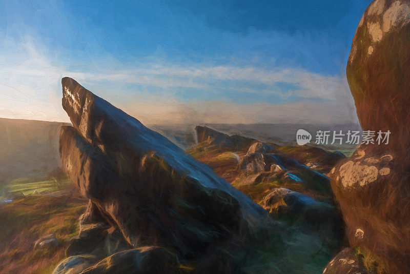 在山顶区国家公园的拉姆肖岩石上，一幅美丽的拉姆肖岩石日出的数字画。