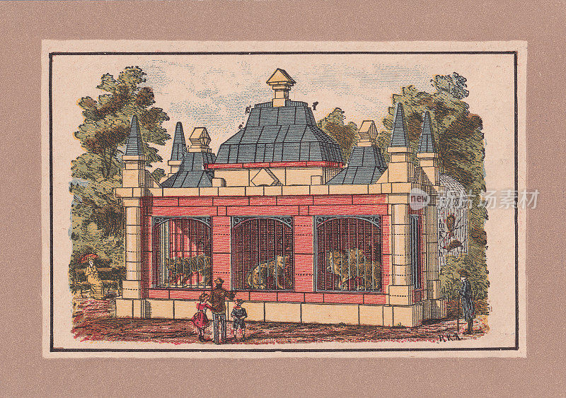 动物园馆，用积木建造，彩色印刷术，出版于1895年左右