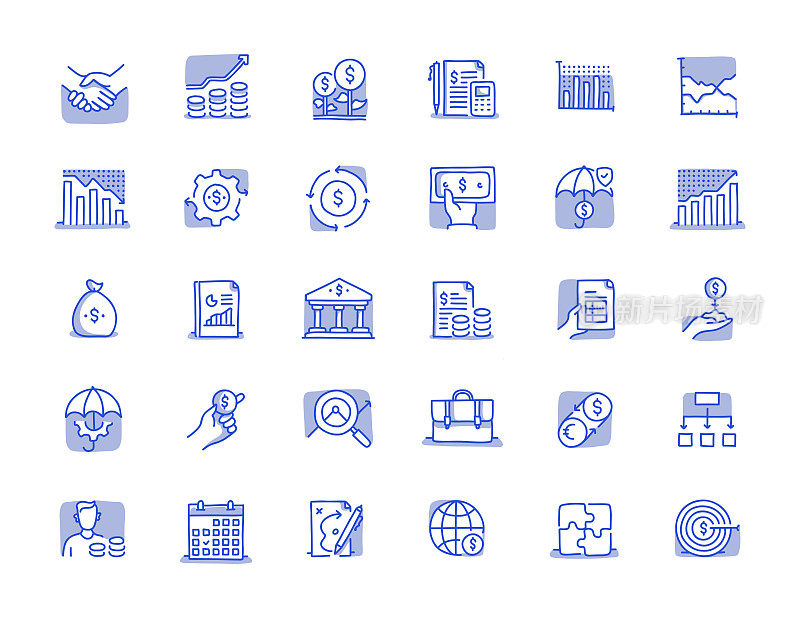 商业和金融手绘线图标设置