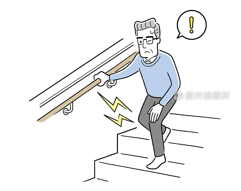 矢量插图材料:高级男子在楼梯上感觉膝盖疼痛