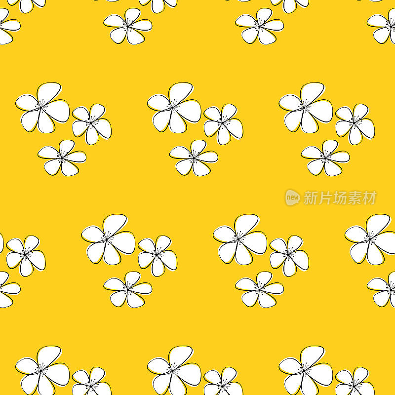 无缝花卉图案与樱花在黄色的背景。用于纺织品，明信片，包装纸，墙纸的图案。矢量图