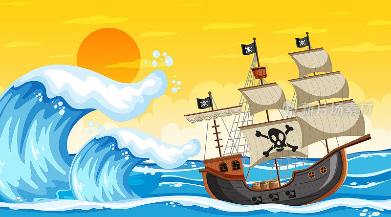 日落时的海洋场景与海盗船在卡通风格