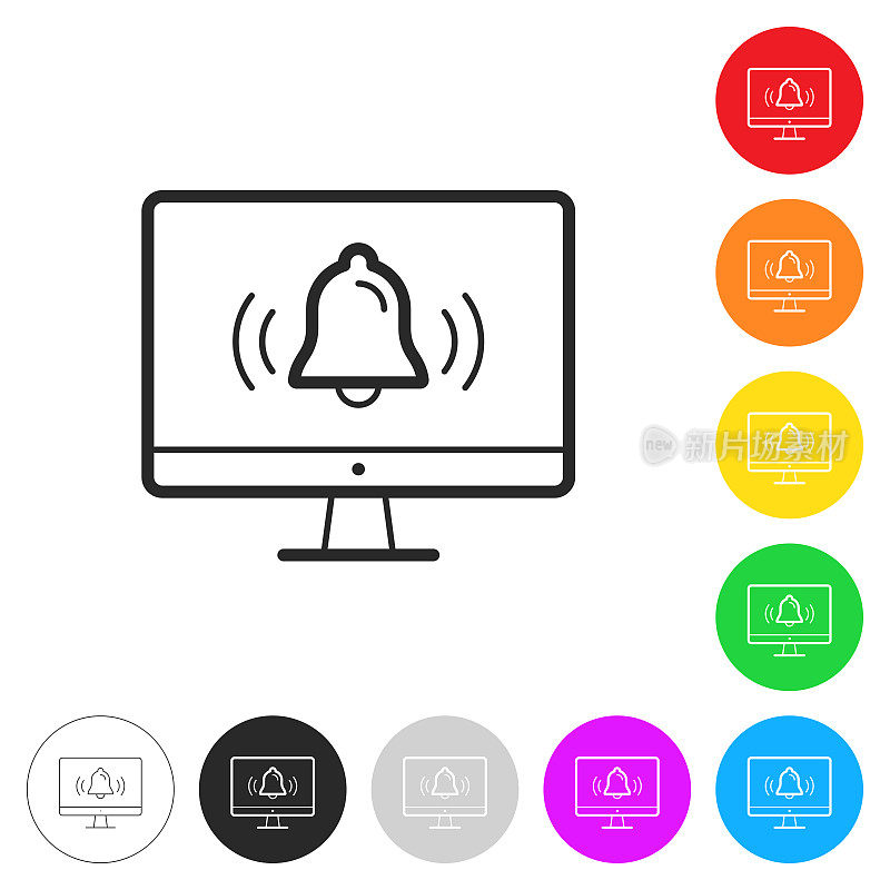 桌面电脑铃声通知。彩色按钮上的图标