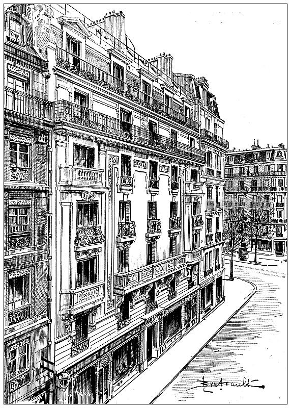 古董插图:巴黎格勒内尔街的房子