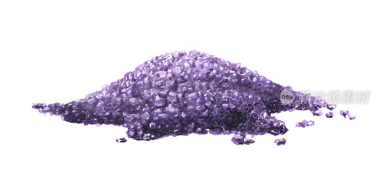 一堆分散的海盐，用来泡紫色的澡。水彩插图。一个孤立的对象从一套大型薰衣草水疗中心。用于包装、标志、化妆品的设计和装饰