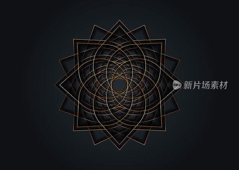 金莲花曼荼罗，生命的种子象征神圣的几何学。品牌名称图标几何神秘曼荼罗炼金术深奥的花。向量金线艺术神圣冥想护身符孤立在黑色背景
