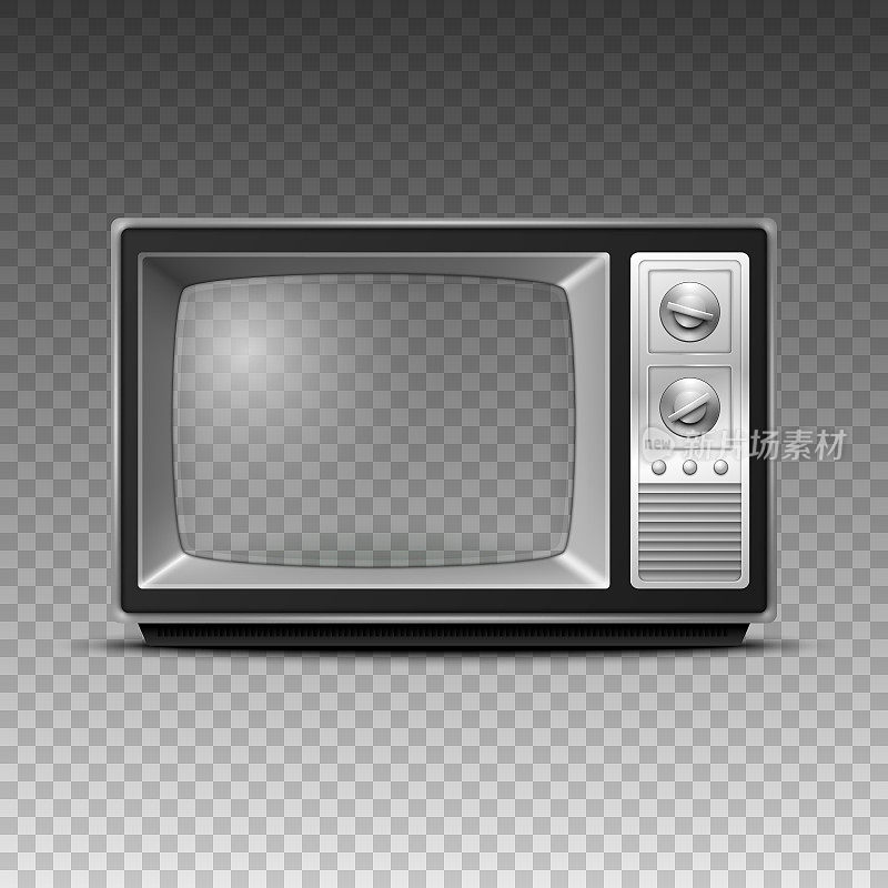 矢量3d逼真复古电视接收器特写隔离在白色。老式电视机。电视，正面视图