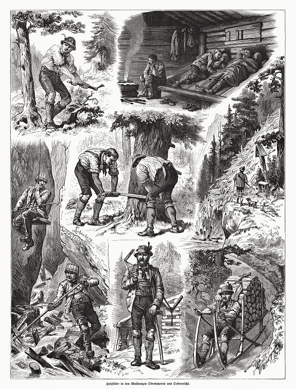 上巴伐利亚和奥地利的伐木工，木版画，1885年出版