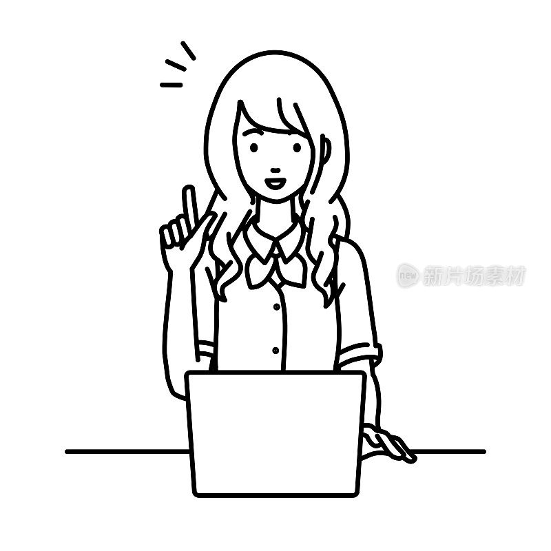 一名身穿职员制服的妇女正用笔记本电脑在她的办公桌前用手指着手指想办法
