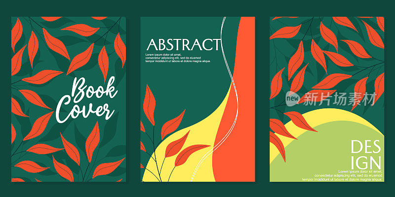 植物风格的封面模板。手绘红叶背景。抽象的自然设计。笔记本，计划表，小册子，书籍，目录