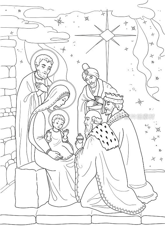 圣诞节。涂色页上有小耶稣，玛丽·约瑟夫，三个智者。黑色和白色。