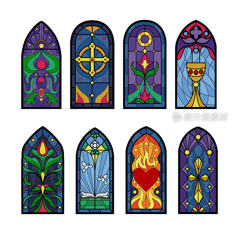 教堂的玻璃窗户，宗教图标。天主教圣诞框架，中世纪交叉艺术，教堂修道院内部。明亮的马赛克彩色眼镜哥特式风格。矢量图像整洁背景