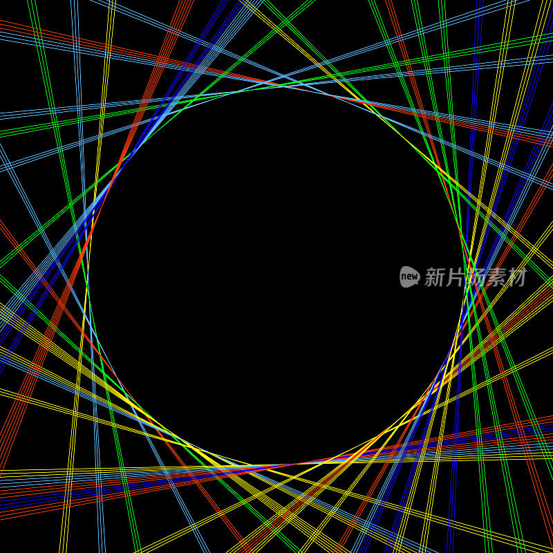 抽象彩色线条旋转触摸黑色球体，复制中间空间。
